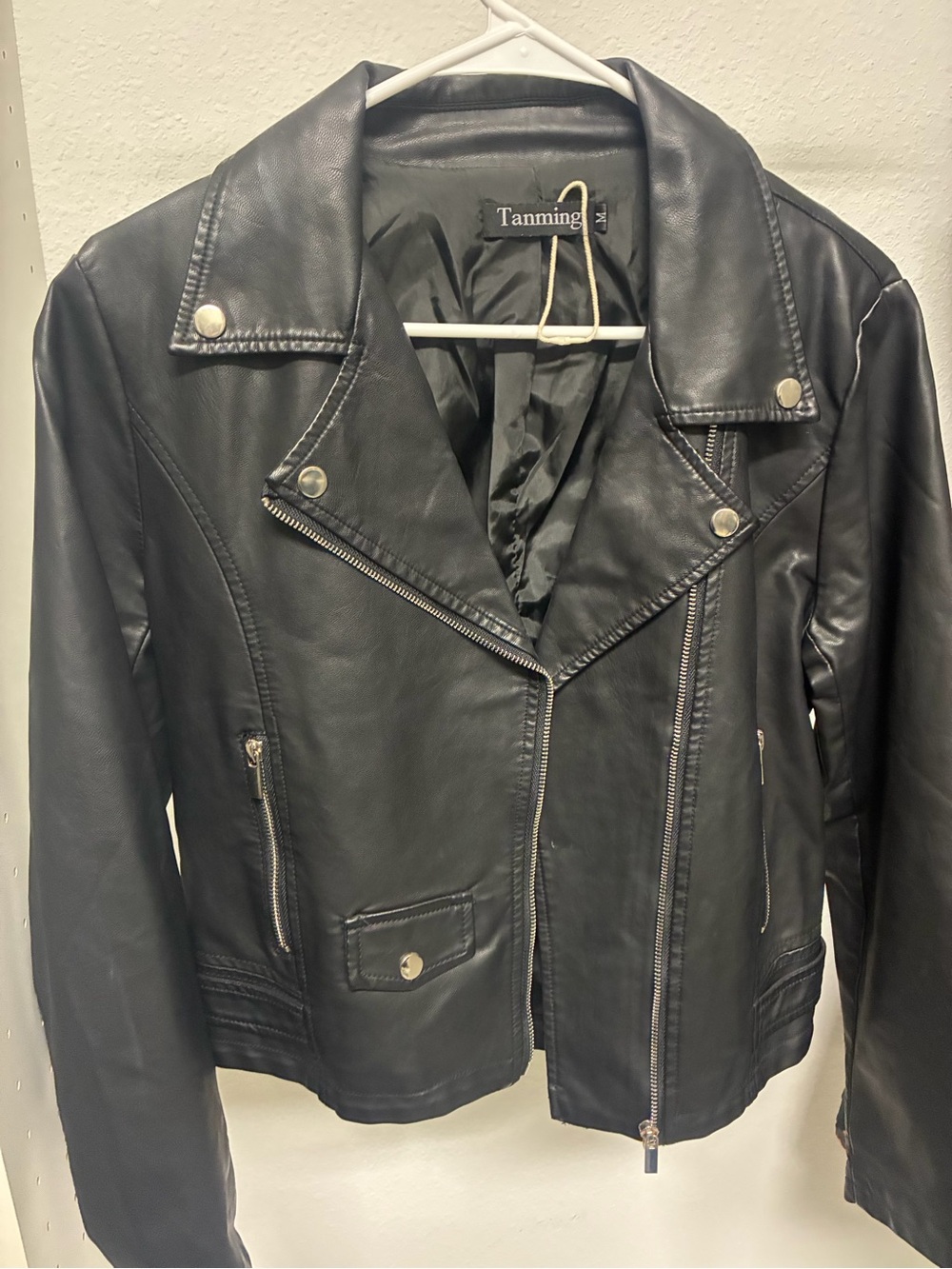 Tanming Women's Black Faux Leather Moto Jacket